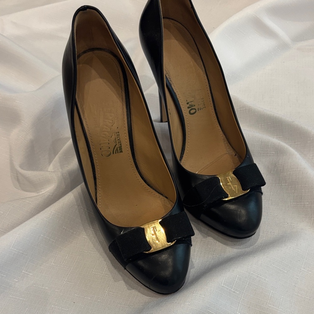 Salvatore Ferragamo Black Heels with Gold Detail